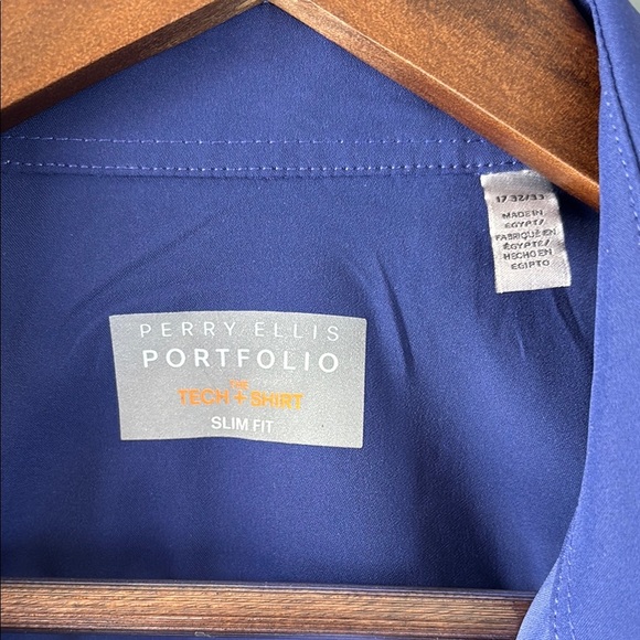 Perry Ellis Portfolio Shirt Mens 17 32 33 Blue Long Sleeve Tech Slim - Picture 7 of 7